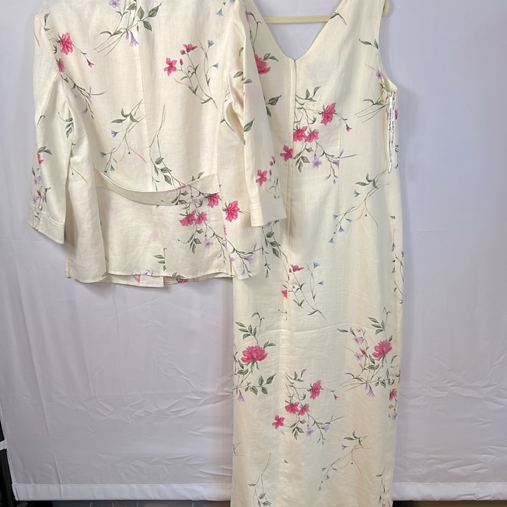 Teri Jon Neiman Marcus Vintage Cream and Green Linen Dress Size 12 - Picture 5 of 8